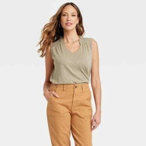 Women's Tank Top V-Neck Flowy Ruffle Trim Olive Green